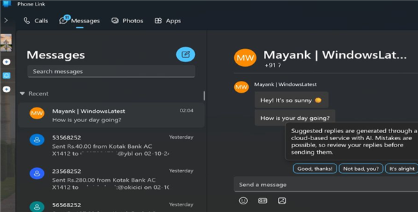微软升级Win11版Phone Link应用：PC上AI回复安卓手机短信